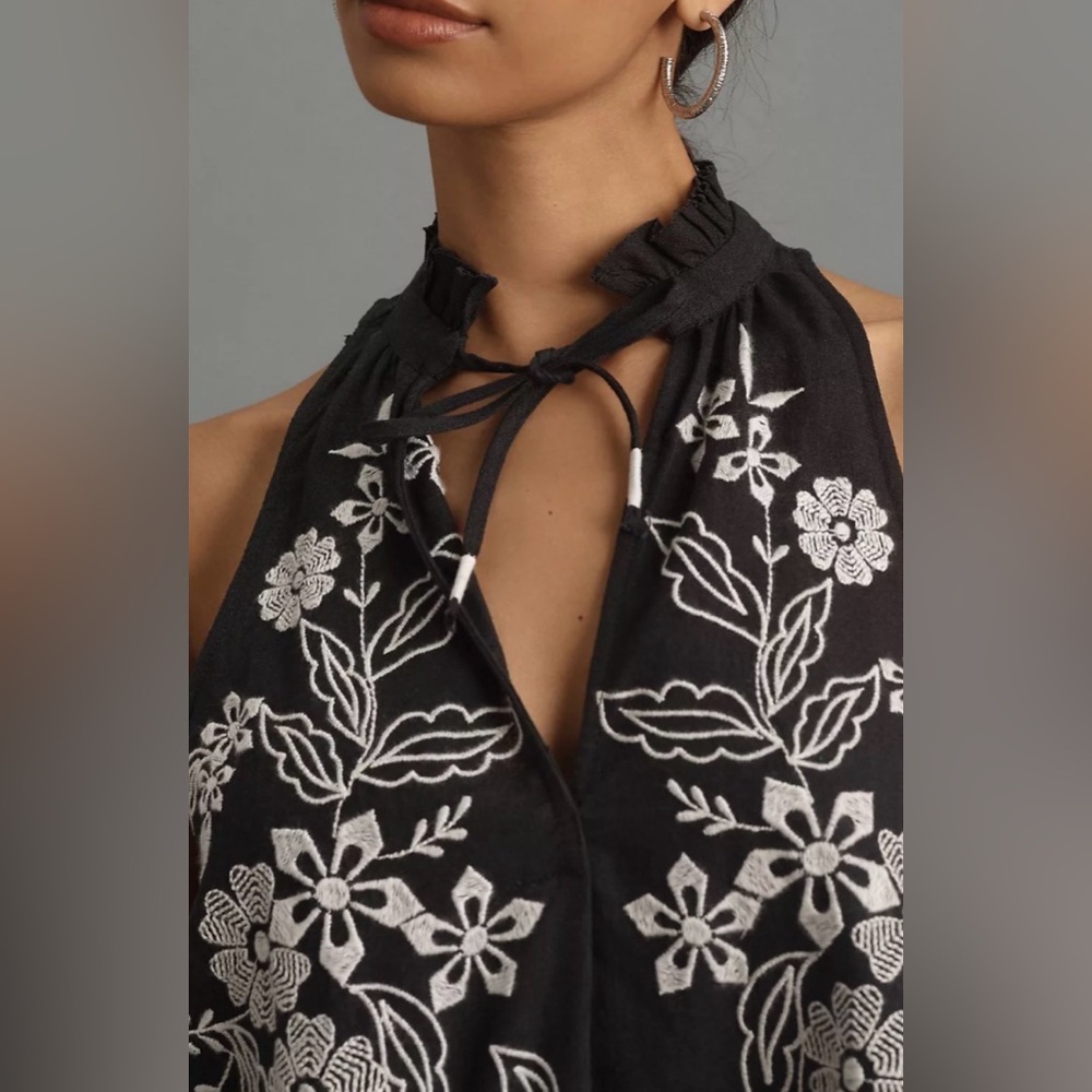 Pilcro The Tavi Tank Black White Embroidered Linen Blend XS Oversized Boho - Picture 2 of 9